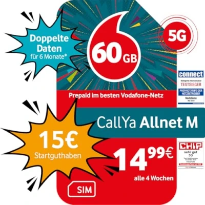 Abbildung von Vodafone Prepaid CallYa M 20 GB 15 EUR Startguthaben ohne Vertrag 5G Netz Telefon SMS Flat EU Roaming
