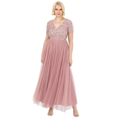 Abbildung von Maya Deluxe Damen Ballkleid Abendkleid V Ausschnitt Maxi Länge Pailletten Kurze Ärmel Für Hochzeit Geburtstag Brautjungfer Bridesmaid Dress, Vintage Rosenmuster, 40 EU