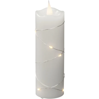 Abbildung von Konstsmide LED Echtwachskerze weiß, 3D Flamme, Draht umwickelt, 4/8h Timer, 1 warm weiße Diode/8 Tropfen, batteriebetrieben, Innen, silberfarbenes Kabel, Batterie: 2 x AA 1,5V (exkl.) 1825 190