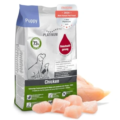 Abbildung von PLATINUM Hundenahrung Puppy Chicken aus Fleischsaftgarung 5kg Hundefutter trocken nährstoffreich wie Barf besonders schmackhaftes Hundetrockenfutter für Welpen und Junghunde in DE geprüft