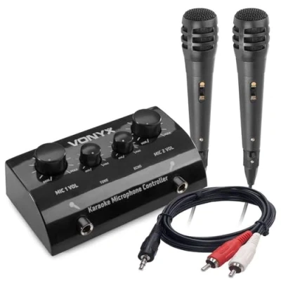 Abbildung von Vonyx AV430B Karaokeanlage mit Smartphonekabel und 2x Mikrofon