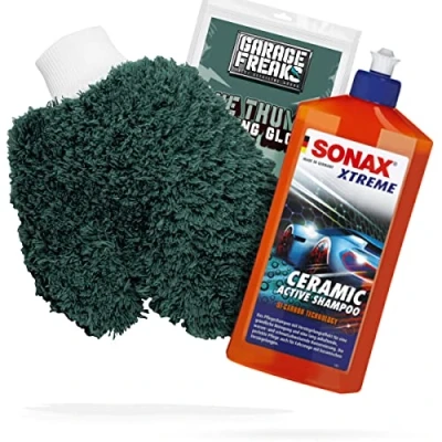 Abbildung von detailmate Auto Waschhandschuh Waschset Garage Freaks + Autoshampoo SONAX Ceramic Reinigungsmittel (Autowäsche Reinigungs Set Mikrofaser Reinigung)