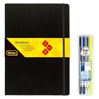 Abbildung von Idena 90339 Notizbuch DIN A4 mit 192 Seiten, blanko, inkl. STAEDTLER Triplus Mobile Office Set Fineliner, Kugelschreiber, Druckbleistift und Textmarker