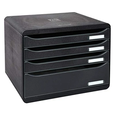 Abbildung von Exacompta 315714D Ablagebox EcoBlack Querformat mit 4 Schubladen für DIN A+ Dokumente. Belastbare Schubladenbox hoher Kapazität mehr Platz Big Box Plus Horizon Blauer Engel schwarz