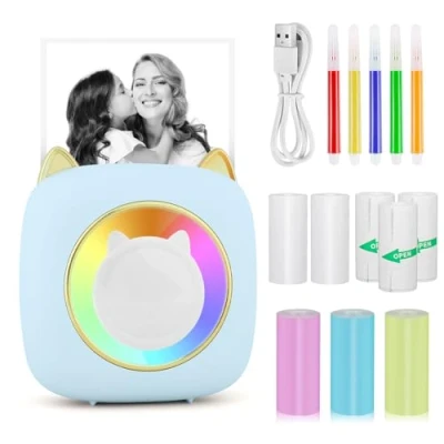 Abbildung von GuKKK Mini Drucker, Mobiler Fotodrucker, Tragbarer Fotodrucker mit Sieben Farben LED, Wireless Thermodrucker, Smartphone Bluetooth für Lernhilfe,Lernnotizen,Journal