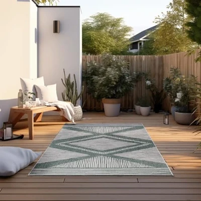 Abbildung von ELLE Decoration In und Outdoor Teppich Wendeteppich Wetterfest &amp; Wasserfest Modernes Rauten Muster Geometrisches Outdoorteppich für Garten, Balkon, Terrasse, Wohnzimmer Grün, 120x170cm
