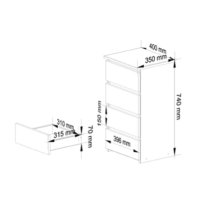 Abbildung von AKORD Kommode mit 4 Schubladen Rollschubladen Schubladenschrank Kleiderschrank Sideboard Ablage Robust Universal Design Graphitgrau Eiche Artisan