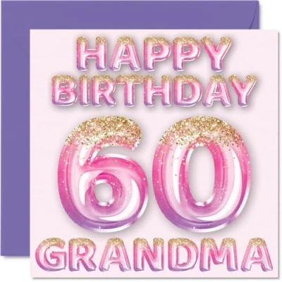 Abbildung von Stuff4 Geburtstagskarte zum 60. Geburtstag für Oma rosa &amp; lila Glitzerballons Happy Birthday Karten 60 Jahre alte von Enkelsohn Enkelin, 145 mm x