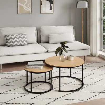 Abbildung von Couchtisch 2er Set rund aus Holz, Wohnzimmertisch Modern, Beistelltisch 2 in 1 mit Metallgestell für Wohnzimmer Büro Loft Design Twin Eiche hell