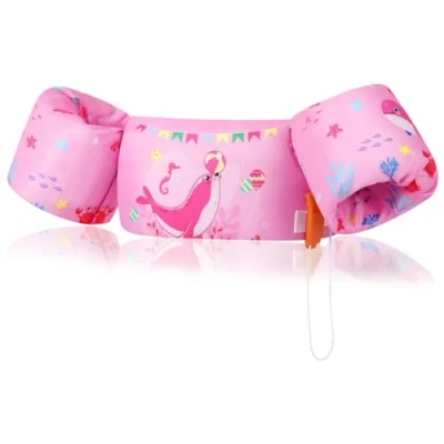 Abbildung von MoKo Kinder Schwimmflügel, Cartoon Schwimmende Badeanzug Schwimmtraining Jacke Schwimmflügel mit Sicherheitsschnalle für Jungen Mädchen, 20 bis 50 lbs, Rosa Siegel