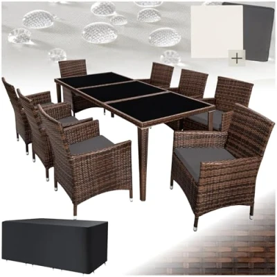 Abbildung von tectake Aluminium Poly Rattan Gartenmöbel Set 8 Stühle mit Tisch Glasplatten, inkl. 2 Bezugssets und Schutzhülle, wetterfeste Balkon Möbel grau