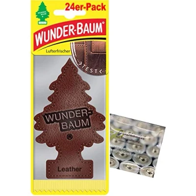 Abbildung von Wunderbaum 24er Box Original Lufterfrischer Leder/Leather (vormals Echtleder) Duftbaum inkl. 1 x Glasreinigungstuch von SP Großhandel Gratiszugabe