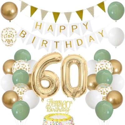 Abbildung von 60. Geburtstag Dekoration Salbeigrüne, Grün Gold Luftballon Deko mit Zahl 60 Folienballon, Happy Birthday Banner, Tortendeko für Frau Mann