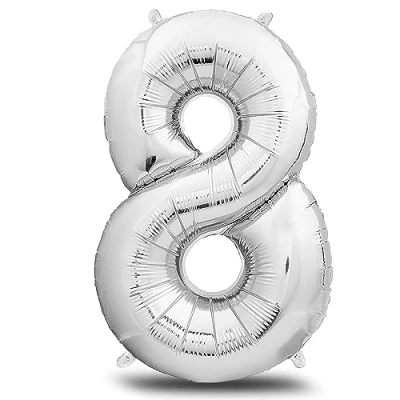 Abbildung von envami® Folienluftballon Zahl XXL Silber 101cm Geburtstagsdeko Riesen Zahlenballon Ballon Deko zum Geburtstag fliegt mit Helium (Zahl 8)