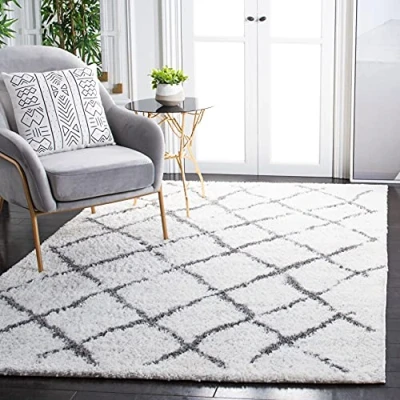 Abbildung von SAFAVIEH Zottelig Teppich für Wohnzimmer, Esszimmer, Schlafzimmer Berber Shag Collection, Kurzer Flor, Creme und Hellgrau, 122 X 183 cm