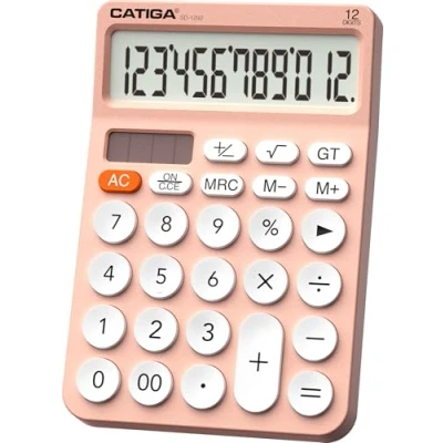 Abbildung von CATIGA 12 stelliger Tischrechner mit großem LCD Display, 4 Funktionen, rundes Design, große Taste, Solar und Batterie Dual Power, Standardfunktion für Büro, Zuhause, Schule, SD 1292