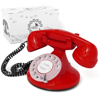 Abbildung von Opis Technology FunkyFon Cable : Retro Telefon mit Wählscheibe/Retro Wählscheibentelefon/Nostalgie Wählscheibe in geschwungenem 1920er Stil elektronischer Klingel (rot)