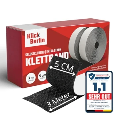 Abbildung von Klick Berlin Klettband Selbstklebend Extra Stark 5 cm x 3 m Klett Klebeband klebt auf vielen Flächen Klettverschluss 50mm breit, Meter lang Schwarz
