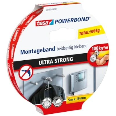 Abbildung von tesa Powerbond ULTRA STRONG Doppelseitiges, extra starkes Montageband zur permanenten Befestigung im Außen und Innenbereich 5 m