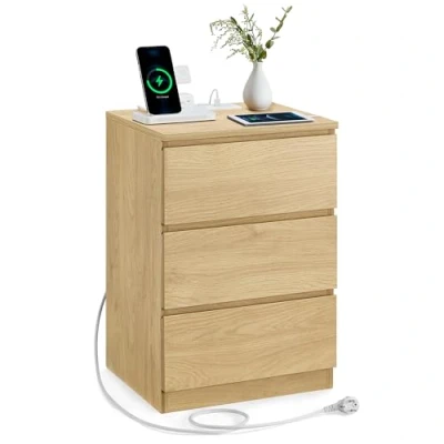 Abbildung von VASAGLE Nachttisch, Beistelltisch, 3 Schubladen, abgeschrägte Kante, 2 AC Steckdosen, USB Anschlüsse, Wohnzimmer, Schlafzimmer, Arbeitszimmer, modern, strohgelb LET631Y70