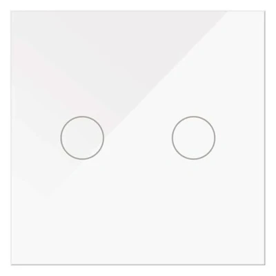 Abbildung von WESA Doppelter Touch Schalter aus weißem Glas, Unterputzdose, Glasgehäuse mit Touchscreen, Montagematerial und LED Anzeige