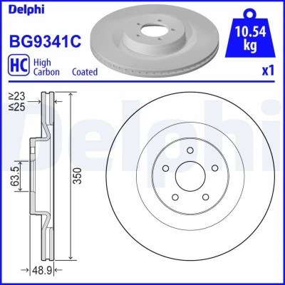 Abbildung von DELPHI BG9341C Bremsscheibe 350 25 5 Belüftet beschichtet hochgekohlt ohne Radlager, ABS Sensorring FORD: FOCUS 3