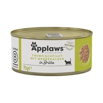 Abbildung von Applaws 100% natürliches Premium Nassfutter für Katzen, Thunfischfilet mit Algen in Brühe ausgewachsene Katzen 24 x 70g Dosen