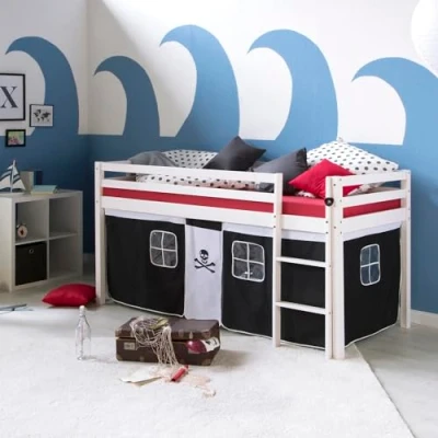 Abbildung von Homestyle4u Hochbett 90x200 cm Kinderbett Weiß mit Vorhang Spielbett für 1 Kind Kiefer inkl. Lattenrost und Matratze