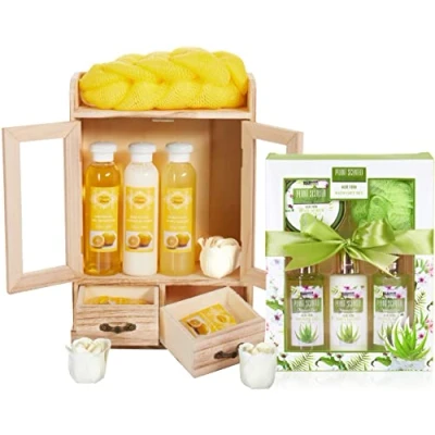 Abbildung von BRUBAKER Cosmetics 2 in 1 Pflegeset Lemon &amp; Aloe Vera Großes 15 teiliges Wellness Set Damen Dusch und Badeset Frauen Beauty Geschenkset mit Deko Holzschrank