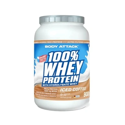 Abbildung von Body Attack 100% Whey Protein Iced Coffee 900 g Made in Germany Extra cremiges Eiweißpulver mit Hydrolysat &amp; BCAA&#039;s, unterstützt Muskelaufbau und Diäten Für Sportler Athleten