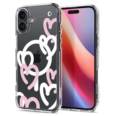 Abbildung von Spigen für iPhone 16 Hülle [Anti Yellowing] Ultra Hybrid MagFit Case Handyhülle Transparent Dünn Slim Kompatibel mit MagSafe Hearts White Pink