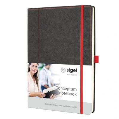 Abbildung von SIGEL CO694 Premium Notizbuch, Leder Look, dotted, ca. A4, grau, rot, Hardcover, 194 nummerierte Seiten, nachhaltiges Papier, mit Inhaltsverzeichnis, Stiftschlaufe, Falttasche, Conceptum