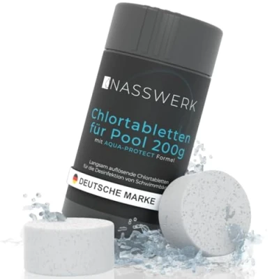 Abbildung von NASSWERK Langzeit Chlortabletten für Pool 200g (1kg) Chlortabs langsamlöslich zur Langzeitpflege Große Reinigungstabletten Langzeittabletten Desinfektion &amp; Pflege Tabletten