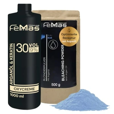 Abbildung von FemMas Blondier Set: Blondierpulver mit Arganöl 500g &amp; Entwickler 9 Prozent 1L I Perfektes Starterset Für die Aufhellung zuhause eine Blondierung um bis zu 7 Tonstufen in Salon Qualität