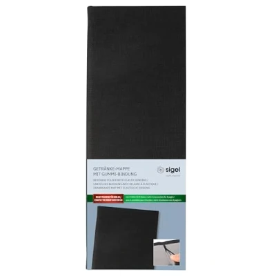 Abbildung von SIGEL GM100 Speisekarte Barformat 1/2 A4, Getränkemappe, Gummi Bindung, schwarz mit Leinenstruktur, strapazierfähig und leicht abwischbar