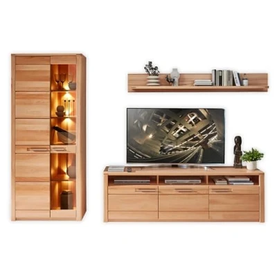 Abbildung von NATURE ONE Wohnwand Komplett Set in Kernbuche teil massiv FSC zertifiziert Moderne Schrankwand mit LED Beleuchtung für Ihr Wohnzimmer 310 x 203 45 cm (B/H/T)