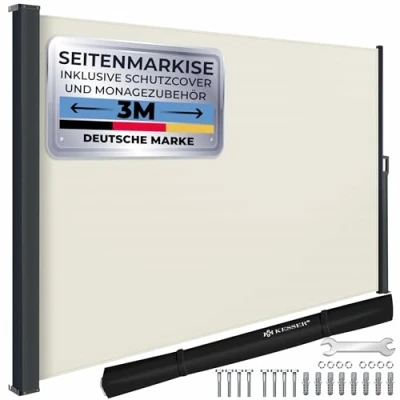 Abbildung von KESSER® Seitenmarkise ausziehbar Markise 180 x 300 cm Blickdicht Sichtschutz &amp; Windschutz für Garten Balkon Terrasse, Seitenrollo mit Wandhalterung, inkl. Wettercover Montagezubehör, Beige