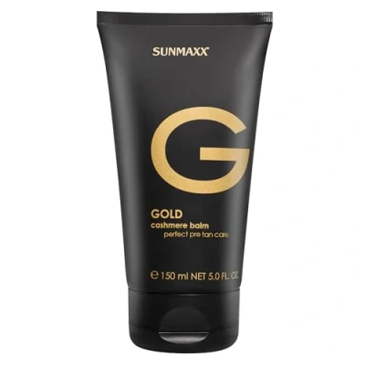 Abbildung von SUNMAXX Gold Cashmere Balm perfect pre tan care Black Edition Anti Age Bräunungsbeschleuniger ohne Selbstbräuner, holziger Duft, mittlere Bräunung, dermatologisch getestet, für jeden Hauttyp, 150 ml
