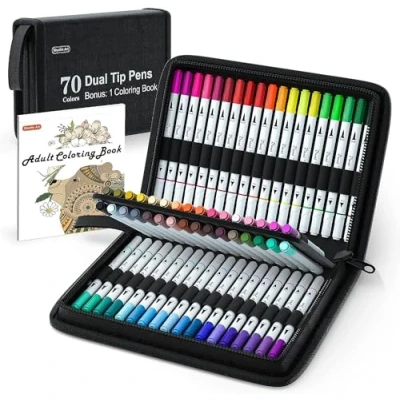 Abbildung von Shuttle Art Dual Brush Pens, 70 bunte doppelköpfige Pinselstifte mit weicher Spitze, zwei Schreibfedern: Fasermaler (1mm) und Fineliner(1 4mm), für Kinder Erwachsene 1 Malbuch zum Schreiben
