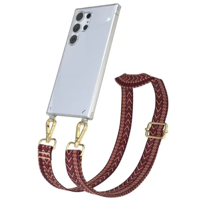 Abbildung von EAZY CASE Handykette mit verstellbarem Trageriemen kompatibel Samsung Galaxy S24 Ultra Taschengurt transparenter Handyhülle für Hülle Schulterriemen in Pink Blau Gold