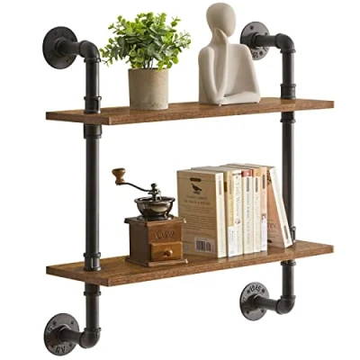 Abbildung von YMYNY Wandregal, 2 stöckiges Schweberegal Holz Wandboard im Retro Industrie Design, 60 cm, stabil, Metallrahmen, Bücherregal Wanddeko, Aufbewahrung, für Schlafzimmer Küche Badezimmer HD HRF TM004