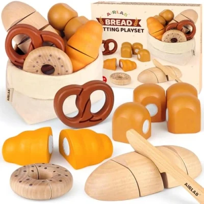 Abbildung von Airlab Kinderküche Spielküche Zubehör aus Holz, Küchenspielzeug Schneiden Brot Kinder, Bäckerei Spielzeug Lebensmittel Holz mit Klett Verbindung, Holzspielzeug Küche Pädagogisches Rollenspiel Geschenk
