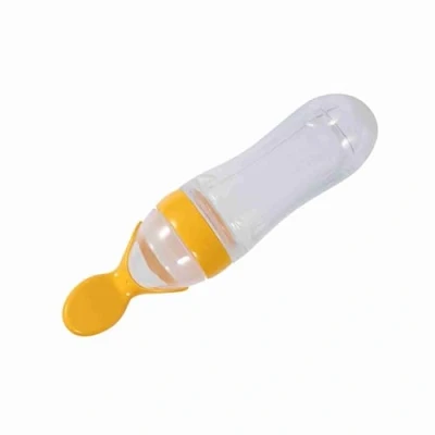 Abbildung von Baby Fütterung Löffel Silikon Squeeze Reis Getreide Gemüse Obst Püree Feeder Tragbar für Säugling Kleinkinder 90ml (Gelb)
