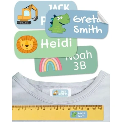 Abbildung von Namensaufkleber für Kinder. Kleidung und Gegenstände. Namensschilder waschmaschinenfest personalisiert text symbolen (Mint, 100 Stück)