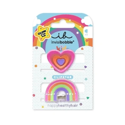 Abbildung von invisibobble CLIPSTAR GLOW KIDS HAPPY HEARTS 2 Stück leuchtende Kinder Haarspangen Regenbogen und Herz Design Rutschfeste Haarclips für gesundes Haar Perfekt Mädchen