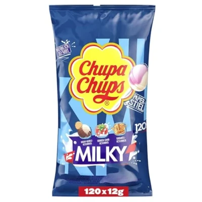 Abbildung von Chupa Chups Milky Lutscher Beutel, mit 120 Lollis in 3 cremigen Geschmacksrichtungen Kakao Vanille, Karamell &amp; Erdbeer Sahne, für Halloween, x 12g