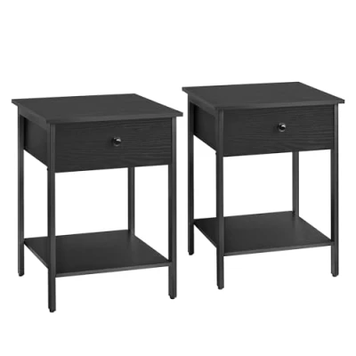 Abbildung von VASAGLE Nachttisch, 2er Set, Nachtkommode, Beistelltisch mit Schublade und Ablage, 40 x 55 cm, Schlafzimmer, Wohnzimmer, Stahlrahmen, einfacher Aufbau, ebenholzschwarz LET506B56