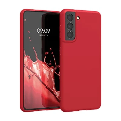 Abbildung von kwmobile Hülle kompatibel mit Samsung Galaxy S21 weiches TPU Silikon Case Cover geeignet für kabelloses Laden Klassisch Rot