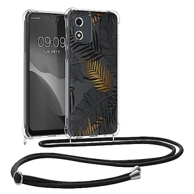 Abbildung von kwmobile Necklace Case kompatibel mit Motorola Moto E13 Hülle Silikon Cover Handykette Gold Grau Transparent Dschungel