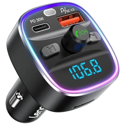 Abbildung von LENCENT Bluetooth 5.4 FM Transmitter Auto Adapter 48W [PD 30W &amp; 18W] [7 Farben Licht] [Schnelles Aufladen] Kabelloser Radio für Musik und Freisprecheinrichtung, unterstützt USB Laufwerk